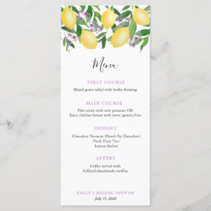 Menu Lanche de Chá de Noiva de Limões Lavanda Modernos