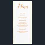 Menu Laranja e Verde Clássico<br><div class="desc">Um design de inspiração de queda laranja e verde, este menu de recepção de casamento apresenta um adorável fundo branco com fonte laranja. Com "Menu" escrito no topo usando uma fonte laranja cursiva, todas as suas informações são impressas em uma fonte legível a laranja em um plano de fundo branco....</div>