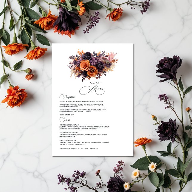 Menu Laranja queimada, Púrpura Escura e Casamento Flora (Burnt Orange, Dark Purple and Black Floral Wedding Menu)
