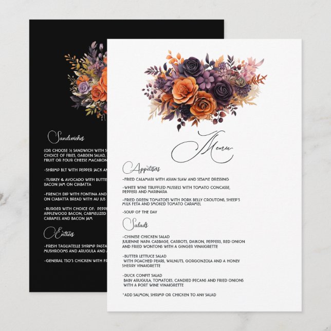 Menu Laranja Queimada, Roxo Escuro e Casamento Floral P (Frente/Verso)