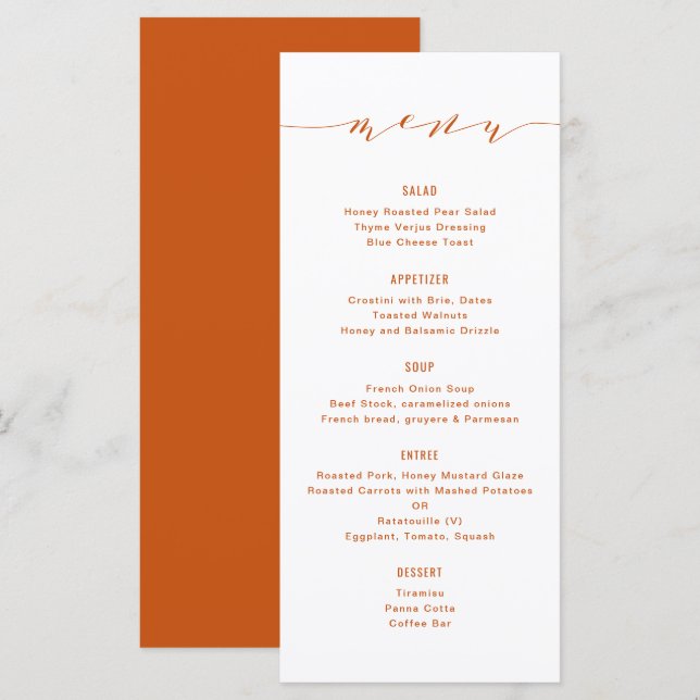 Menu Laranja Simples de Caligrafia Moderna (Frente/Verso)
