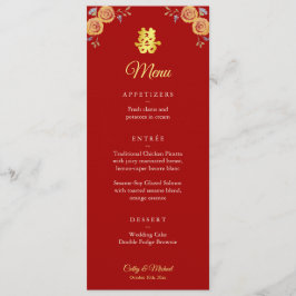 Menu Laranja vermelho floral casamento chinês dupla fel