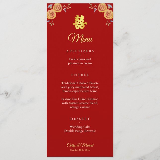 Menu Laranja vermelho floral casamento chinês dupla fel (Frente)