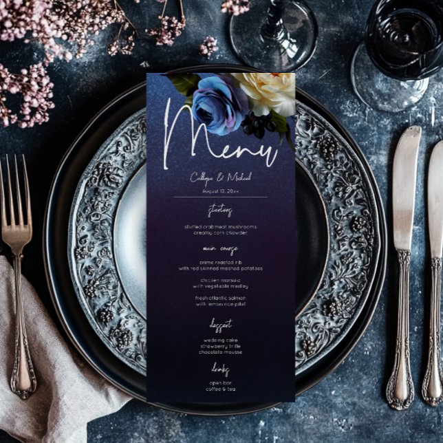 Menu Lavanda Azul Escuro Casamento Moderno Floral Moder (Dark Moody Blue Lavender Floral Modern Wedding Menu)