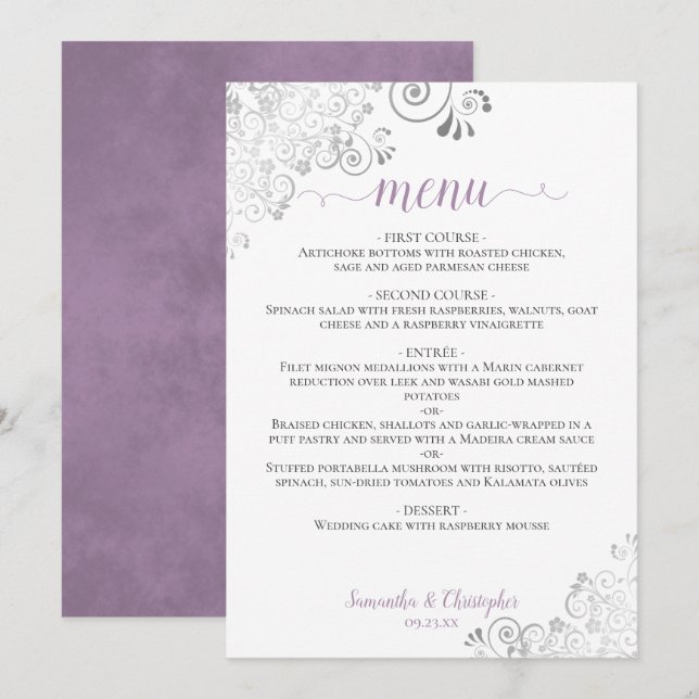 Menu Lavanda de renda prateada elegante no casamento br (Frente/Verso)