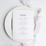 Menu Lavanda de Script Minimalista Moderna | Casamento<br><div class="desc">Este elegante e minimalista cartão de cardápio de casamento apresenta a tipografia moderna de escrita colorida e limpo,  sans serif text em fundo branco para um design simples e na moda que você vai adorar.</div>