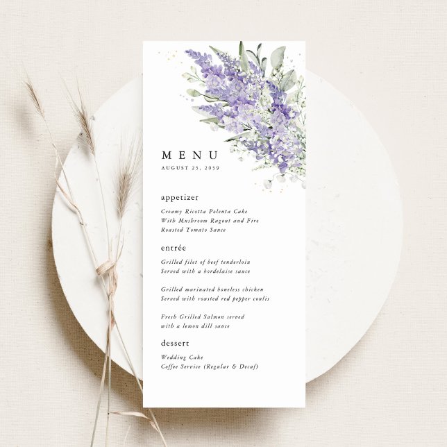Menu Lavanda e Verde Salvia Jantar de Casamento Floral (Lavender sage green floral wedding menu card, elegant reception menu with watercolor flowers)