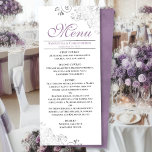 Menu Lavanda Elegante e espirais prateadas no casamento<br><div class="desc">Este belo menu irá adicionar algum estilo à sua recepção de casamento. Apresenta um belo design com ornamentado de folha fina de cinza prateada e espirros num fundo branco clássico, com texto cor púrpura lavanda ou claro e um fundo marmoreado. Há espaço para os nomes do casal e da data...</div>