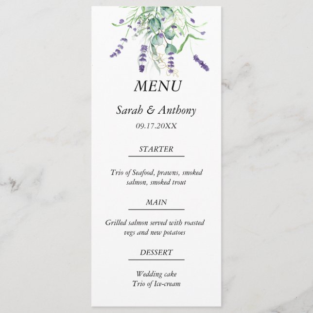Menu Lavanda Eucalyptus Purple Floral WedComida (Frente)