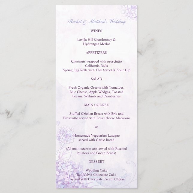 Menu Lavanda Hydrangeas Casamento Vertical Longo (Frente)