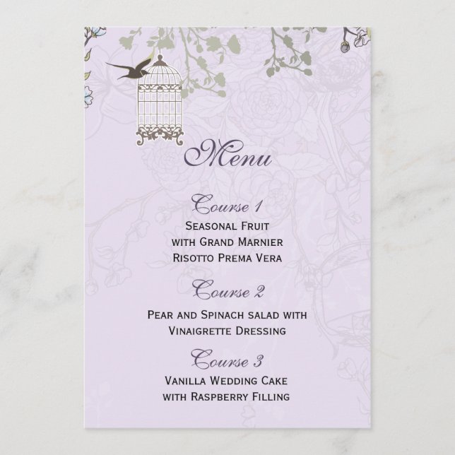 Menu Lavanda Lilac vintage aves casamento (Frente)