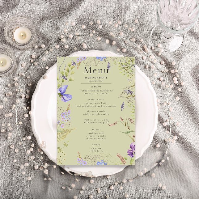 Menu Lavanda russa e Sage Wildflower Casamento Sage (Rustic Lavender & Sage Wildflowers Sage Wedding Menu)