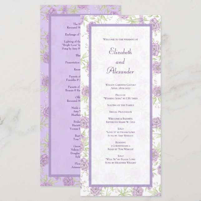 Menu Lavender Purple Rose Wedding Programs (Frente/Verso)