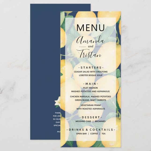 Menu Lemons Greenery no Marinho Blue Wedding (Frente/Verso)