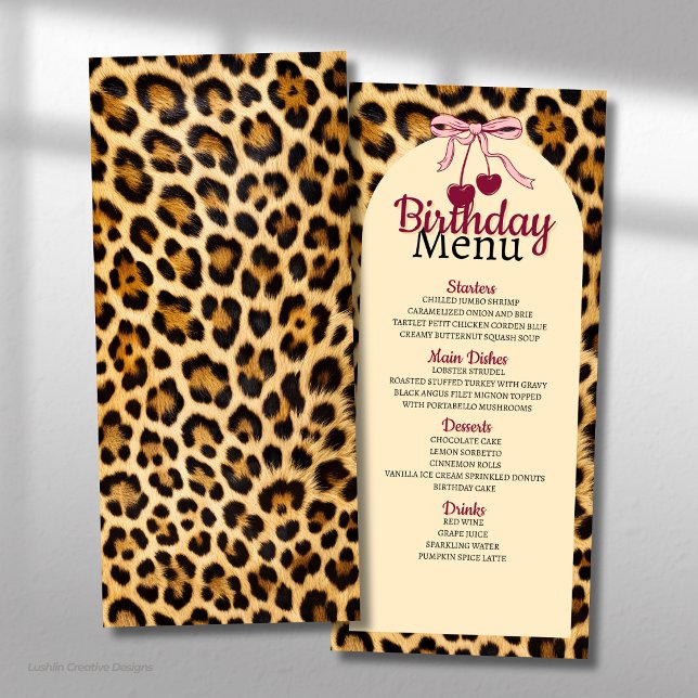 Menu Leopard Cereja Rosa Laço Aniversário  (Criador carregado)