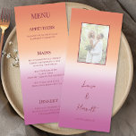 Menu Lesbian Wedding Photo Pride Flag Gradient<br><div class="desc">Lesbian wedding menu for two brides featuring the lesbian pride flag gradient—soft pink blending to warm orange—with photo. Displays your wedding photo with menu sections for appetizers, mains, and desserts. The gradient background highlights the entire menu and ties in beautifully with the rest of the collection, creating a cohesive look...</div>