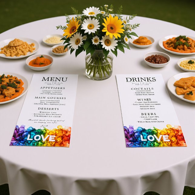 Menu 🌈 🐦 LGBTQ Pintado com Casamento de Amor (Flat Double sided LGBTQ Painted With Love wedding Menu)