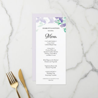 Menu Lilás Floral Boho Elegante e Bonito em Aquarela