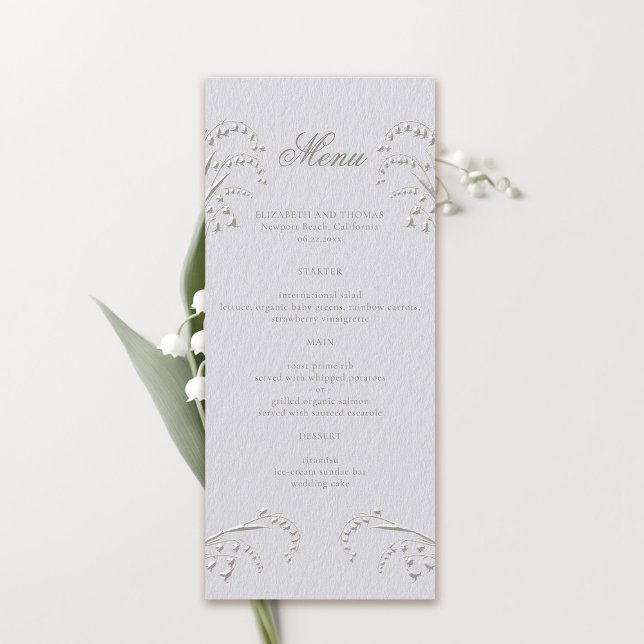 Menu Lily Valley Faux Embossed Ivory Formal Wedding (formal wedding menu card classic traditional faux embossed lily of the valley frame ivory white)