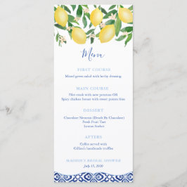 Menu Limões de Aquarelas Azulejos Brancos Azuis Chá de 