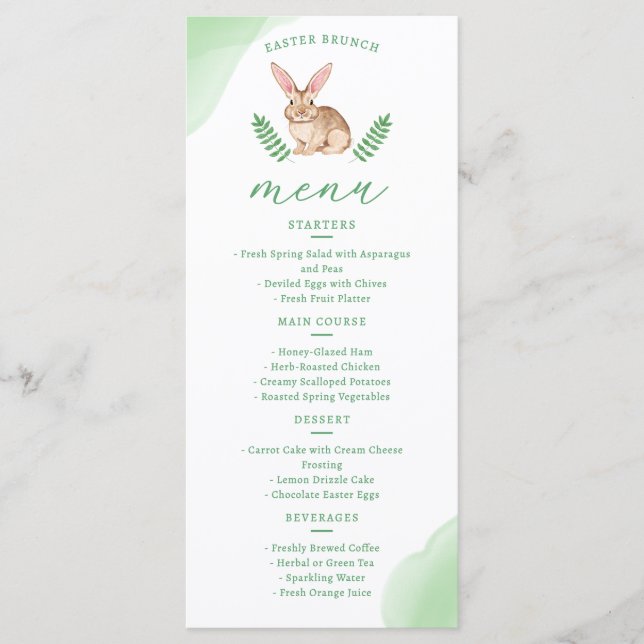 Menu Lindo Coelho de Aquarela Marrom e Folhagens de Pás (Frente)