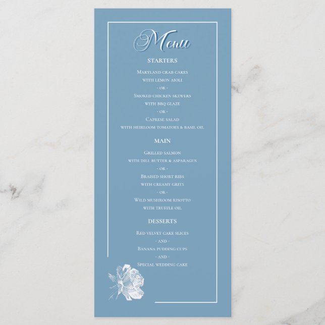 Menu Linha de Arte Rosa Azul Empoeirada Jantar Casament (Frente)
