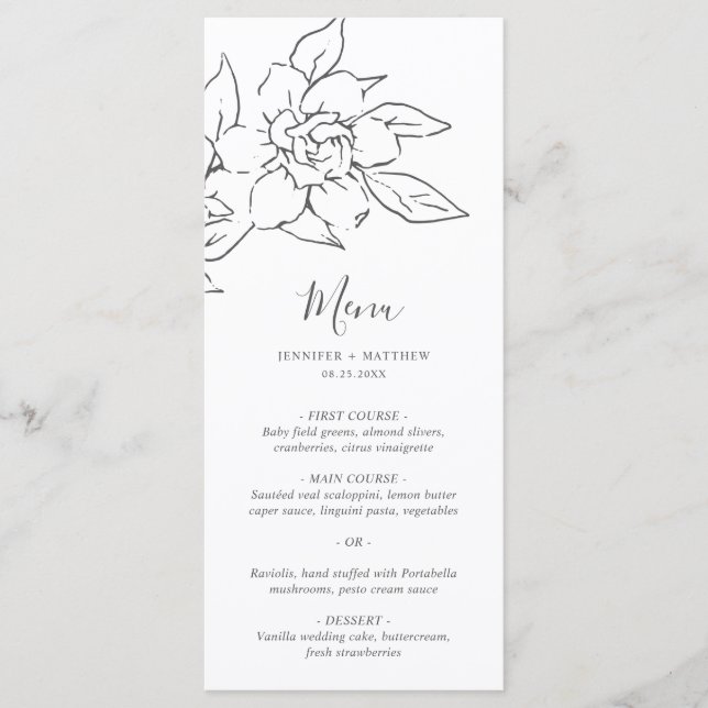 Menu Linha Neutra Arte Floral Casamento Elegante (Frente)