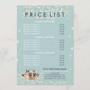 Menu Lista de Preços da Green Daisy Flower Dog Groomer