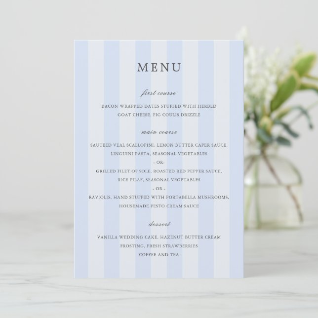 Menu Listras Azuis Elegantes Casamento Moderno (Em pé/Frente)