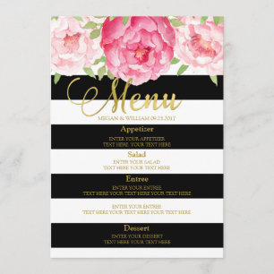 Menu Listras pretas florais da aguarela cor-de-rosa que