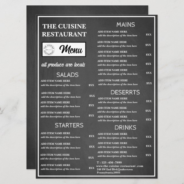 Menu Logotipo do restaurante chalkboard (Frente/Verso)