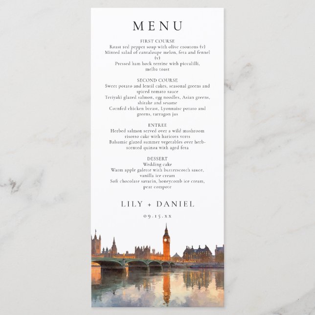 Menu London Skyline Watercolor Elegant Wedding (Frente)