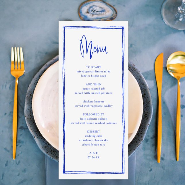 Menu Longo Casamento Branco Azul Francês manuscrit (Criador carregado)