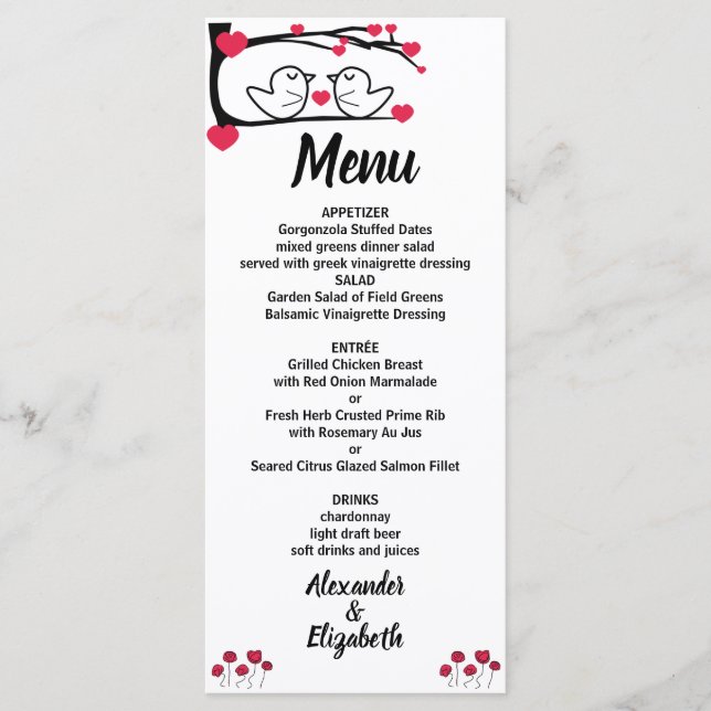 Menu Love Bird Recepção de casamento (Frente)
