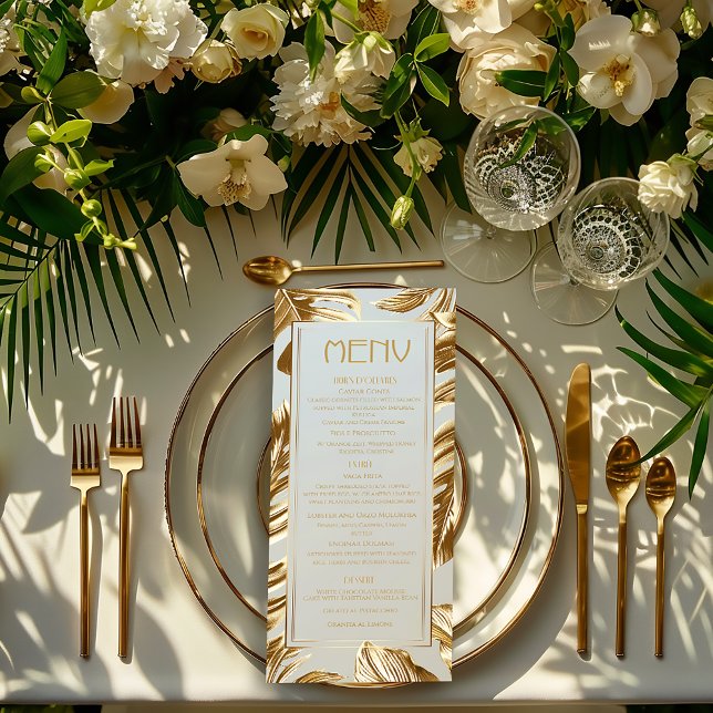 Menu Luxo Gold Monstera Casamento Tropical (Stylish Gold Monstera Leaf Wedding Menu )