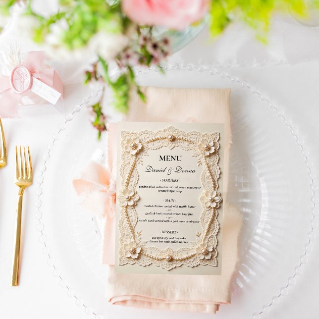 Menu Luxo Pérola Renda Casamento Elegante (Criador carregado)