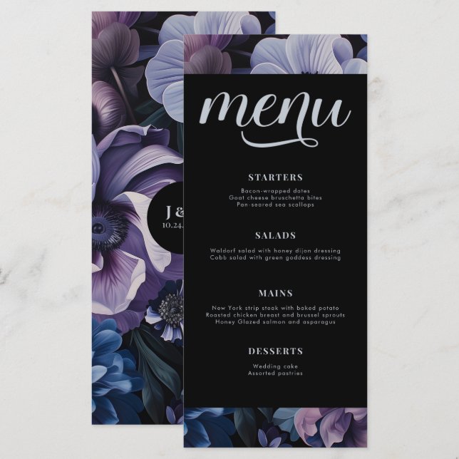Menu Luz de Lua Botânica | Casamento Floral Gótico (Frente/Verso)