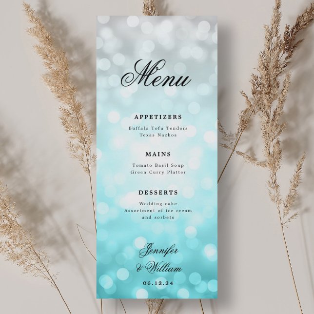 Menu Luzes de Bokeh de Praia de Casamento de Script Ele (Elegant Script Wedding Beach Bokeh Lights Menu)