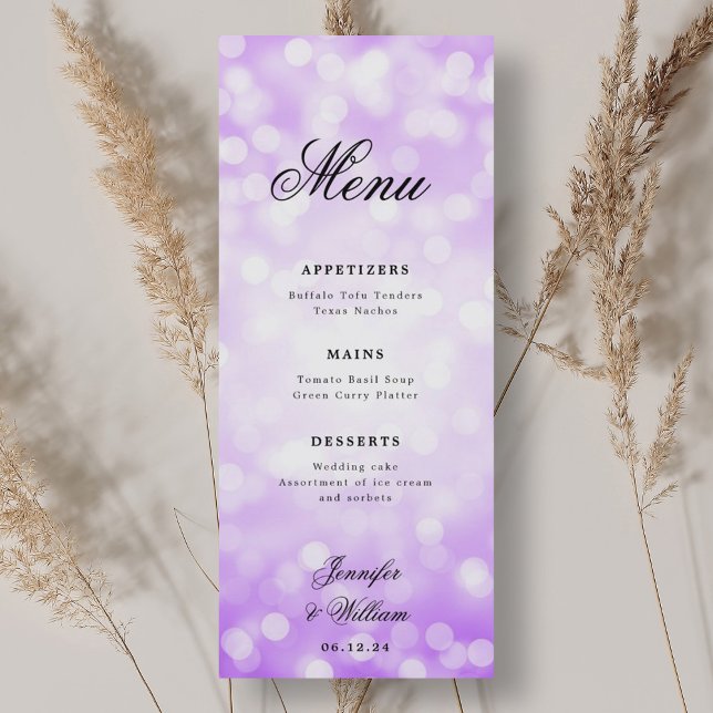 Menu Luzes de Bokeh Roxo de Casamento de Script Elegant (Elegant Script Wedding Purple Bokeh Lights Menu)