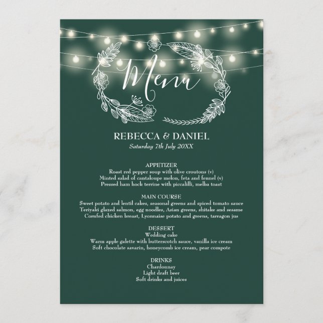 Menu Luzes de Corda Casamento Floral Esmeralda (Frente)