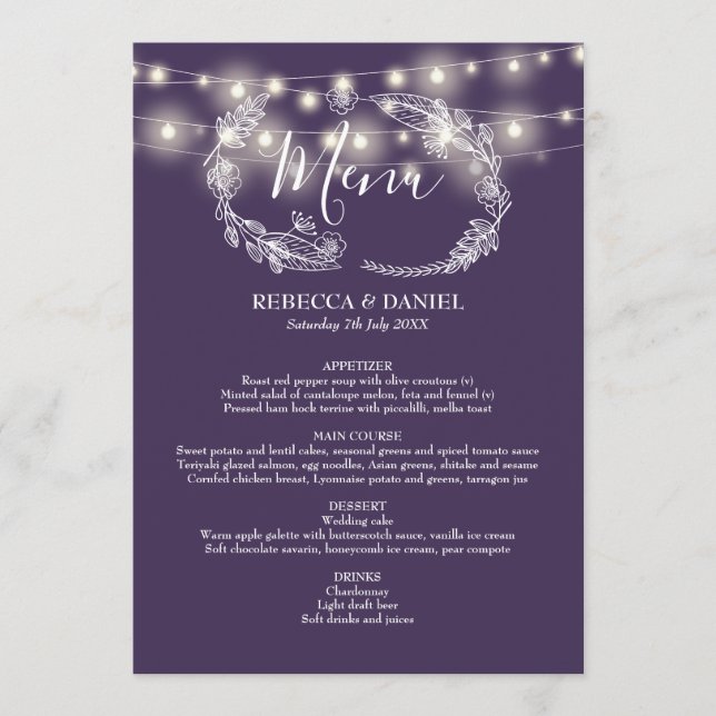 Menu Luzes de Corda Casamento Floral Roxo (Frente)
