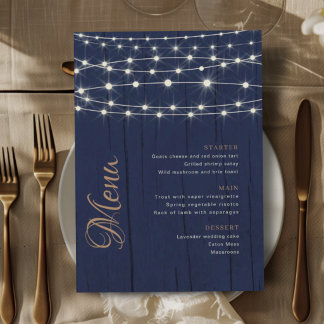 Menu Luzes de Corda de Madeira Azul Elegante Casamento