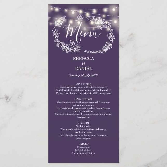 Menu Luzes de Corda Elegantes Florais Roxas Casamento (Frente)