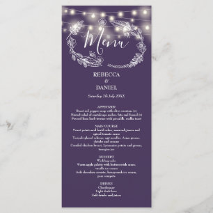 Menu Luzes de Corda Elegantes Florais Roxas Casamento