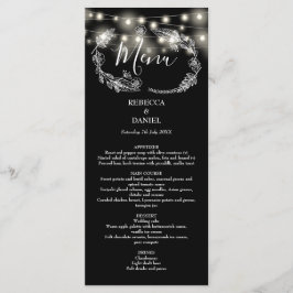 Menu Luzes de Corda Floral Casamento Preto e Branco