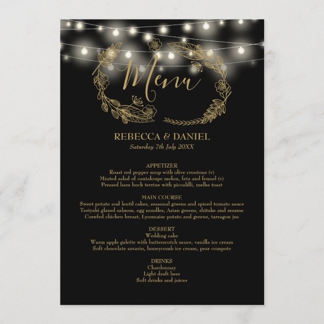 Menu Luzes de Corda Preto e Dourado Floral Casamento (Frente)