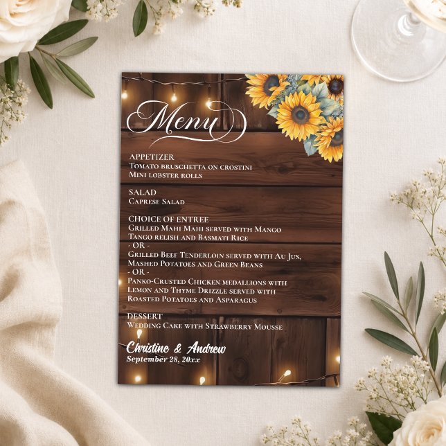 Menu Luzes de Corda Rústicas de Madeira Marrom Casament (Criador carregado)