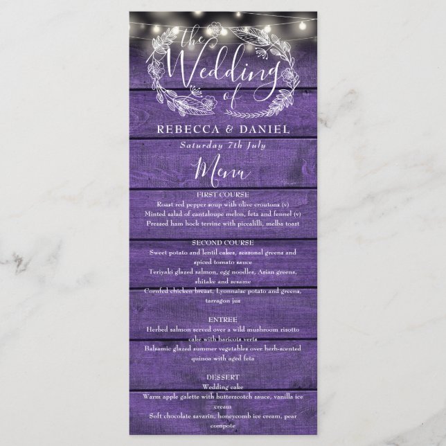 Menu Luzes de Corda Rústicas Roxas Florais Casamento (Frente)