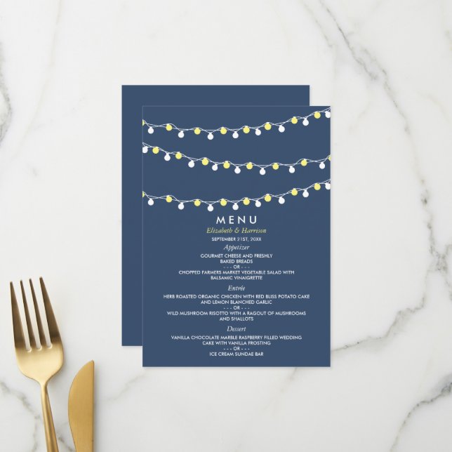 Menu Luzes de Cordas Modernas, Casamento Amarelo e Bran (Frente/Verso In Situ)
