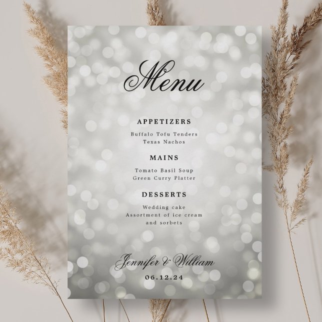 Menu Luzes de Prata de Casamento de Script Elegante (Elegant Script Wedding Silver Bokeh Lights Menu)